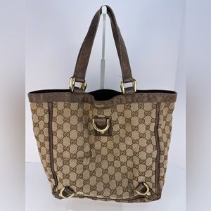 Gucci Abbey Tote Bag Canvas Brown Leather Straps Interior Zip Pocket